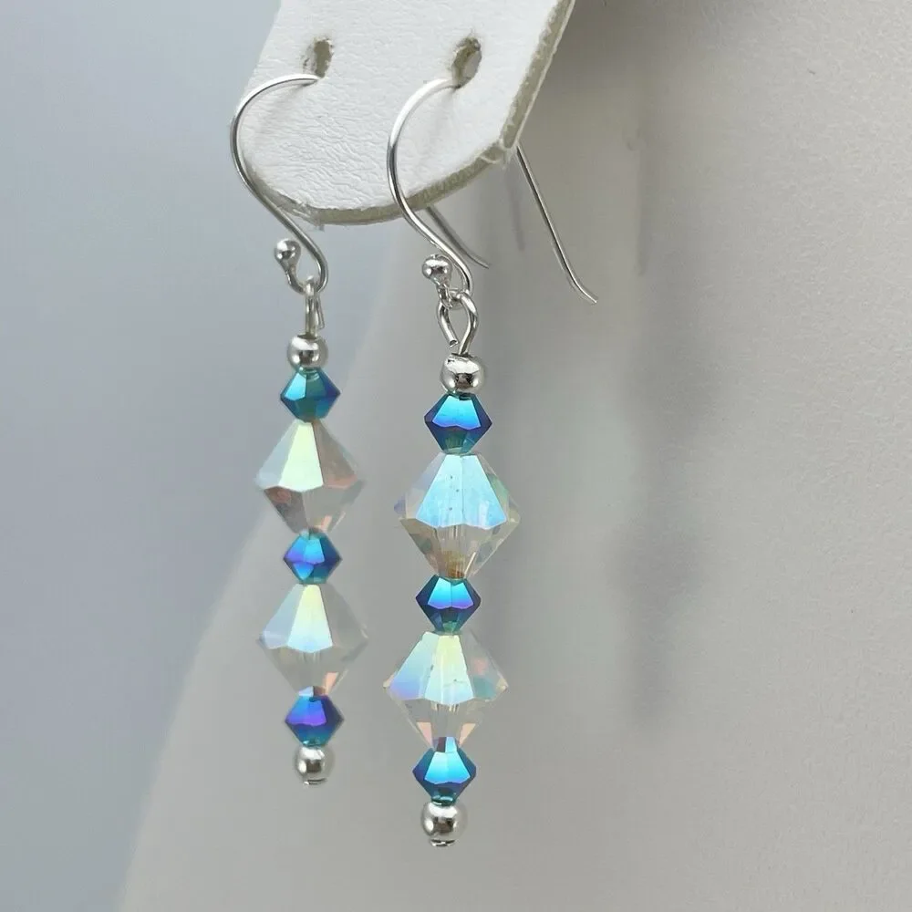 Made With Swarovski Crystals White AB Teal Blue Beaded Sterling Silver Earrings